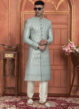 Sky Blue Dhupion Art Silk Readymade Sherwani with Thread Work for Wedding Wear