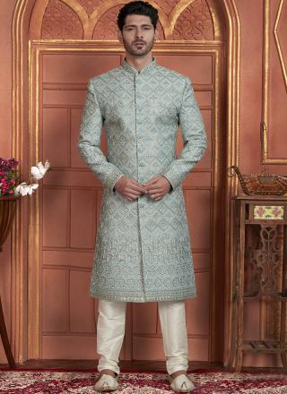 Sky Blue Dhupion Art Silk Readymade Sherwani with Thread Work for Wedding Wear