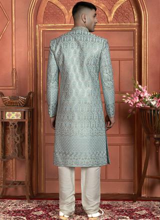 Sky Blue Dhupion Art Silk Readymade Sherwani with Thread Work for Wedding Wear