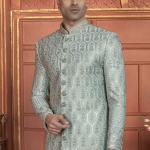 Sky Blue Dhupion Art Silk Readymade Sherwani with Thread Work for Wedding Wear