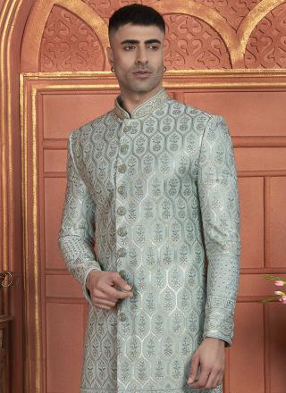 Sky Blue Dhupion Art Silk Readymade Sherwani with Thread Work for Wedding Wear