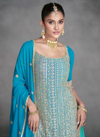 Sky Blue Real Georgette Wedding Wear Embroidery Work Readymade Palazzo Suit