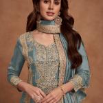 Sky Blue Shimmer Silk Readymade Palazzo Suit with Embroidery Work for Wedding Wear