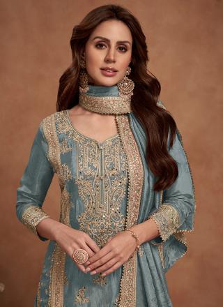 Sky Blue Shimmer Silk Readymade Palazzo Suit with Embroidery Work for Wedding Wear