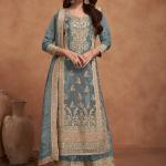 Sky Blue Shimmer Silk Readymade Palazzo Suit with Embroidery Work for Wedding Wear