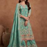 Teal Shimmer Silk Readymade Palazzo Suit with Embroidery Work for Wedding Wear