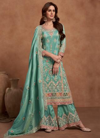 Teal Shimmer Silk Readymade Palazzo Suit with Embroidery Work for Wedding Wear