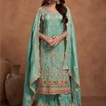 Teal Shimmer Silk Readymade Palazzo Suit with Embroidery Work for Wedding Wear