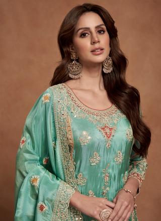 Teal Shimmer Silk Readymade Palazzo Suit with Embroidery Work for Wedding Wear