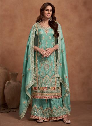 Teal Shimmer Silk Readymade Palazzo Suit with Embroidery Work for Wedding Wear