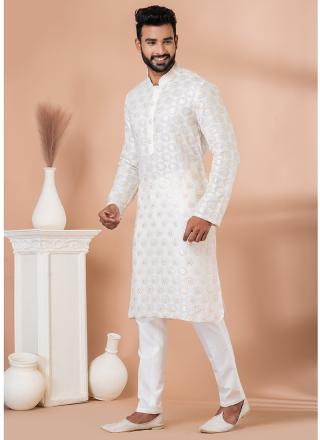 White Georgette Readymade Kurta Pajama with Sequins Work for Festival Wear