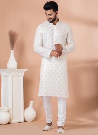 White Georgette Readymade Kurta Pajama with Sequins Work for Festival Wear