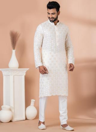 White Georgette Readymade Kurta Pajama with Sequins Work for Festival Wear