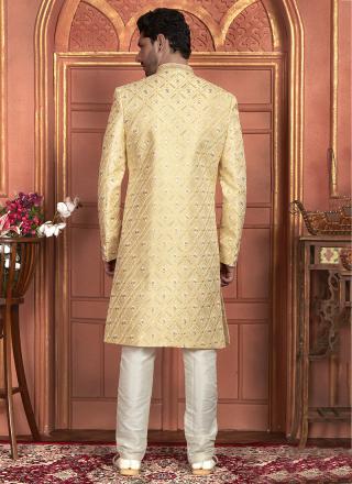 Yellow Dhupion Art Silk Readymade Sherwani with Thread Work for Wedding Wear