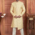 Yellow Dhupion Art Silk Readymade Sherwani with Thread Work for Wedding Wear