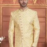 Yellow Dhupion Art Silk Readymade Sherwani with Thread Work for Wedding Wear