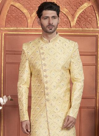 Yellow Dhupion Art Silk Readymade Sherwani with Thread Work for Wedding Wear