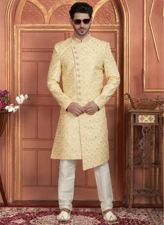 Yellow Dhupion Art Silk Readymade Sherwani with Thread Work for Wedding Wear