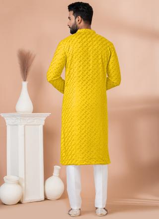 Yellow Georgette Readymade Kurta Pajama with Sequins Work for Festival Wear