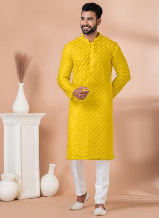 Yellow Georgette Readymade Kurta Pajama with Sequins Work for Festival Wear