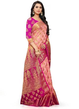 Woven Banarasi Jacquard Saree (Pink & Magenta) with Blouse material