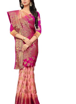 Woven Banarasi Jacquard Saree (Pink & Magenta) with Blouse material