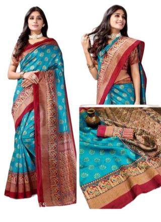 Printed Art Silk Saree (Blue) with Blouse material