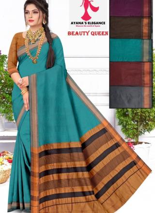 Plain Saree with Copper Border and Contrast Blouse - Beauty Queen Saree D04