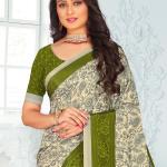 Crepe Silk Traditional Saree in Cream and Olive with Digital Print Work