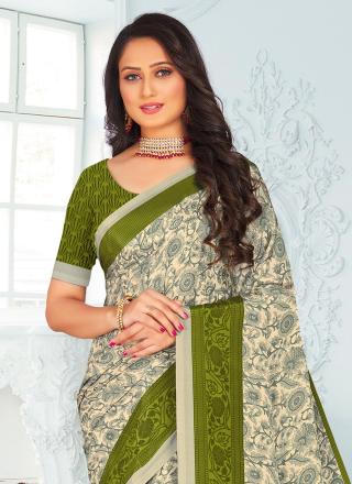 Crepe Silk Traditional Saree in Cream and Olive with Digital Print Work