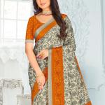 Digital printed crepe silk traditional saree in cream and orange for women