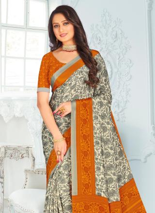 Digital printed crepe silk traditional saree in cream and orange for women