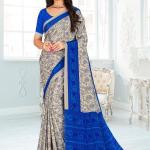 Blue and cream crepe silk trendy saree with digital print work for casual wear