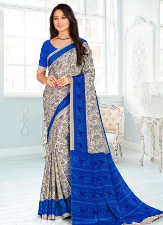 Blue and cream crepe silk trendy saree with digital print work for casual wear