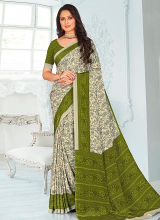 Crepe Silk Traditional Saree in Cream and Olive with Digital Print Work