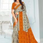 Digital printed crepe silk traditional saree in cream and orange for women