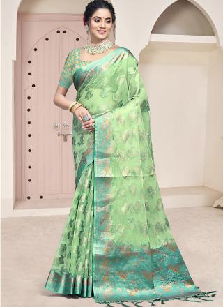 Organza Green Festival Wear Weaving Saree