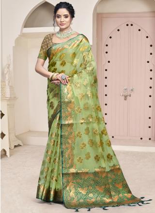 Organza Green Festival Wear Weaving Saree