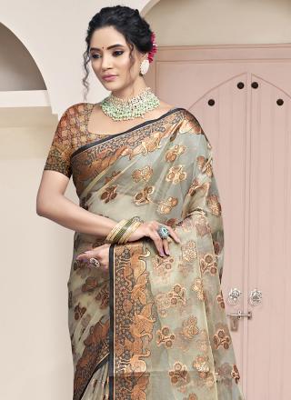 Organza Grey Festival Wear Weaving Saree