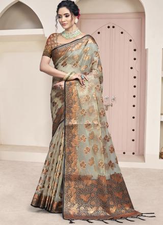 Organza Grey Festival Wear Weaving Saree