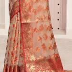 Organza Peach Festival Wear Weaving Saree