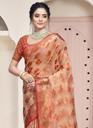 Organza Peach Festival Wear Weaving Saree