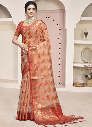 Organza Peach Festival Wear Weaving Saree