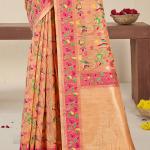 Silk Peach Festival Wear Printed Saree