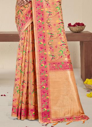 Silk Peach Festival Wear Printed Saree