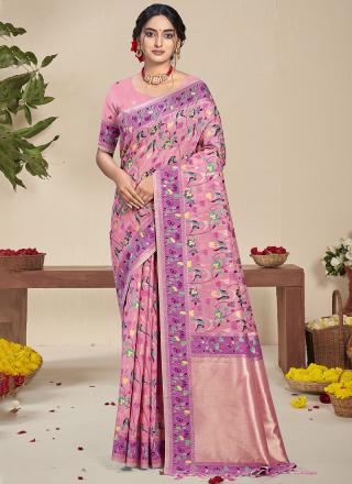 Silk Pink Festival Wear Printed Saree